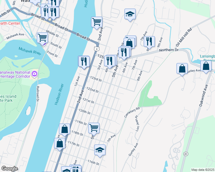 map of restaurants, bars, coffee shops, grocery stores, and more near 815 5th Avenue in Troy