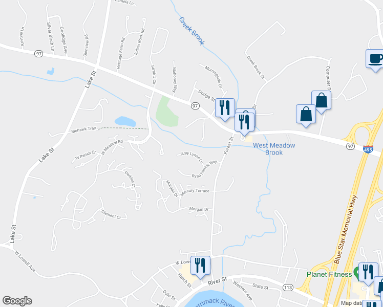 map of restaurants, bars, coffee shops, grocery stores, and more near 98 Amy Lynne Drive in Haverhill