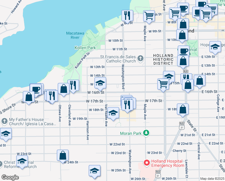 map of restaurants, bars, coffee shops, grocery stores, and more near 283 West 16th Street in Holland