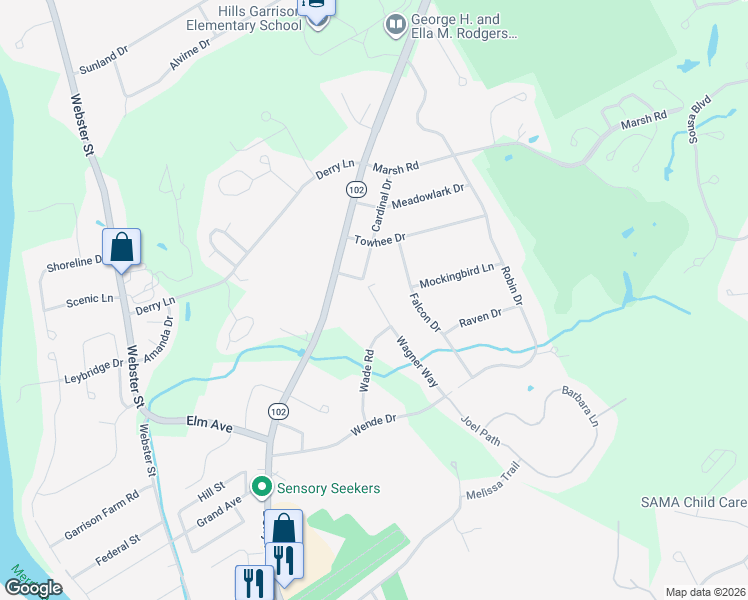 map of restaurants, bars, coffee shops, grocery stores, and more near 18 Wagner Way in Hudson