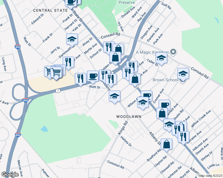 map of restaurants, bars, coffee shops, grocery stores, and more near 2551 Albany Street in Schenectady