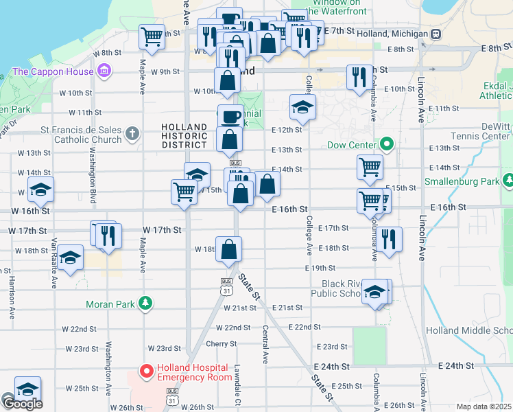 map of restaurants, bars, coffee shops, grocery stores, and more near 9 West 16th Street in Holland