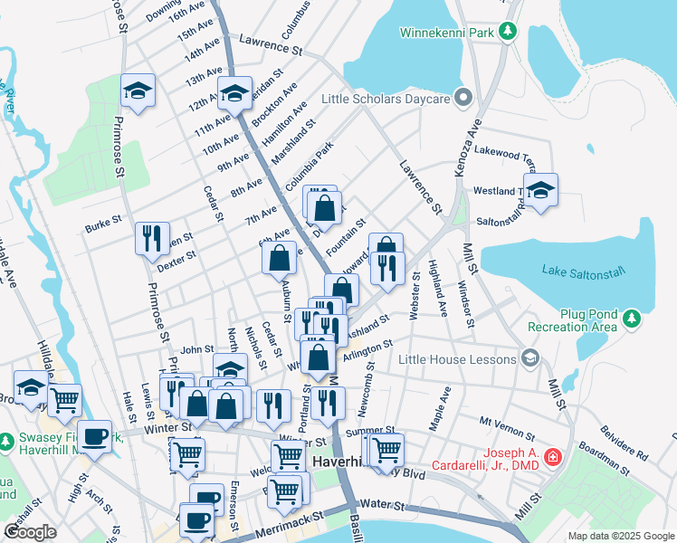 map of restaurants, bars, coffee shops, grocery stores, and more near 355 Main Street in Haverhill
