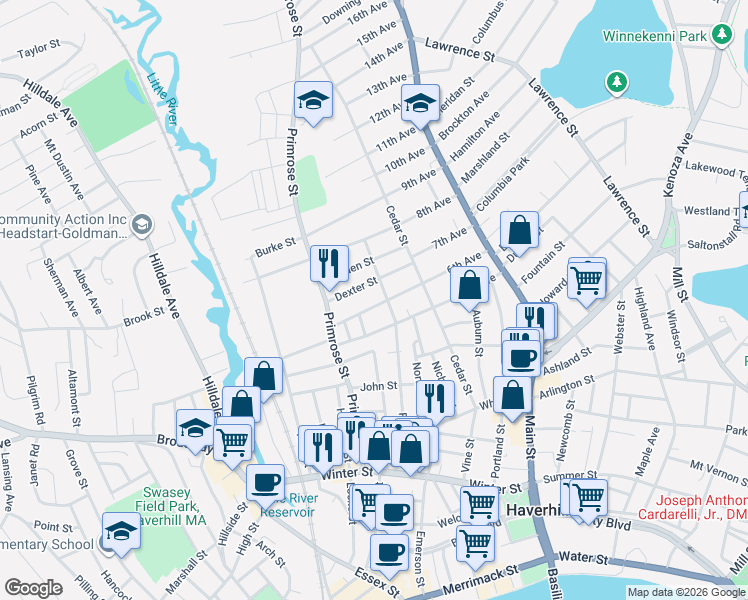 map of restaurants, bars, coffee shops, grocery stores, and more near 186 Franklin Street in Haverhill