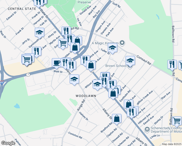 map of restaurants, bars, coffee shops, grocery stores, and more near 29 Roosevelt Avenue in Schenectady