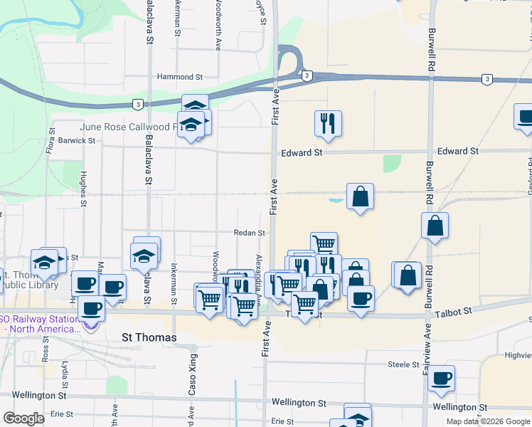map of restaurants, bars, coffee shops, grocery stores, and more near 83 Alexandria Avenue in St. Thomas