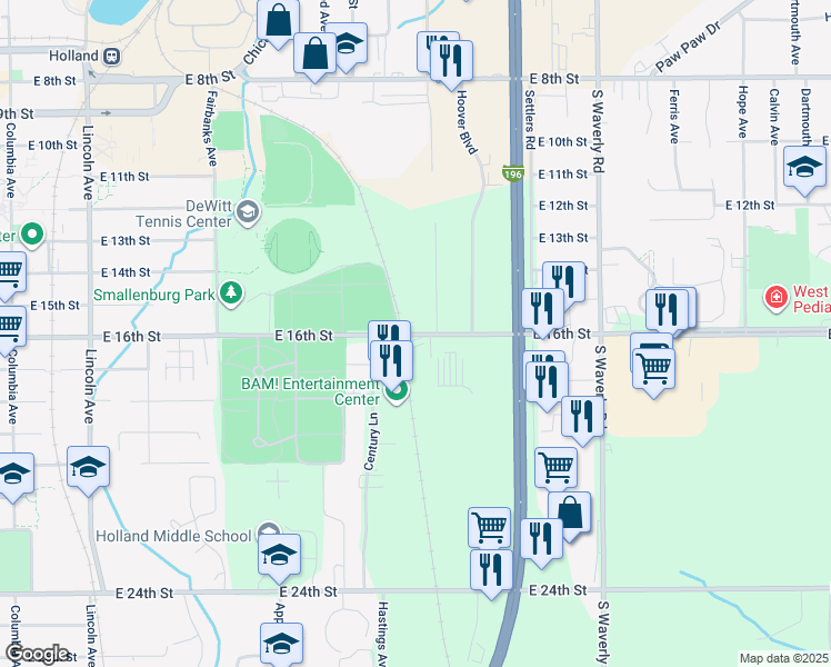 map of restaurants, bars, coffee shops, grocery stores, and more near 514 East 16th Street in Holland