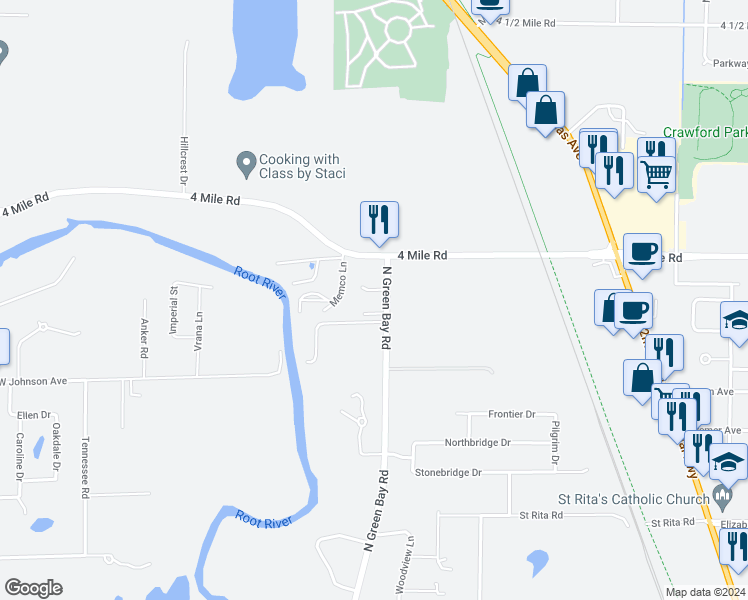 map of restaurants, bars, coffee shops, grocery stores, and more near 4836 North Green Bay Road in Racine