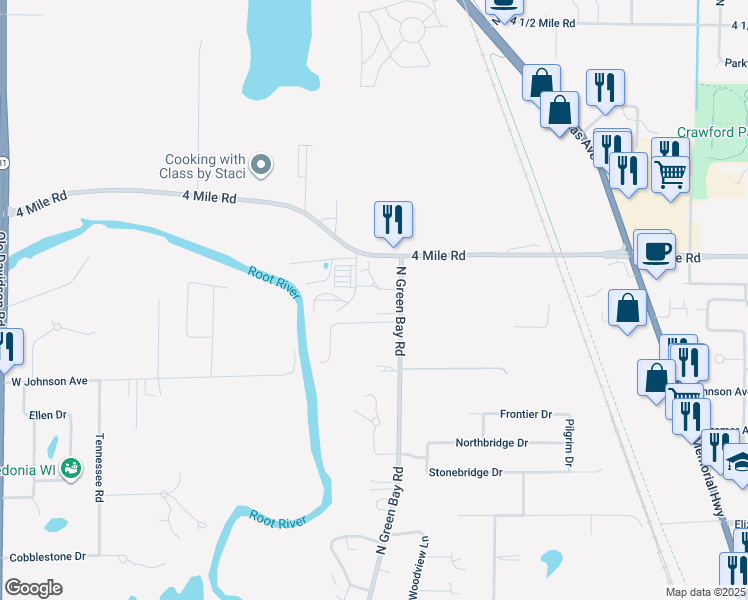 map of restaurants, bars, coffee shops, grocery stores, and more near 3321 Packer Drive in Racine