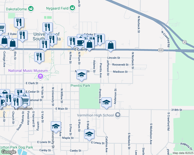 map of restaurants, bars, coffee shops, grocery stores, and more near 316 Prentis Avenue in Vermillion