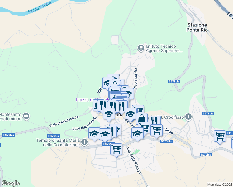 map of restaurants, bars, coffee shops, grocery stores, and more near Via San Bonaventura in Todi