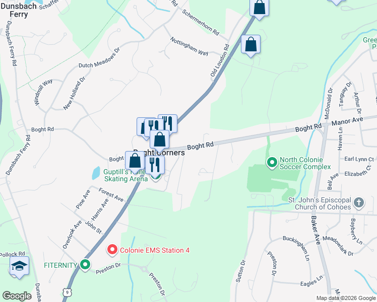 map of restaurants, bars, coffee shops, grocery stores, and more near 588 Boght Road in Cohoes