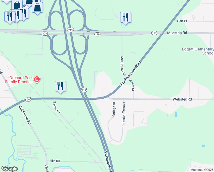 map of restaurants, bars, coffee shops, grocery stores, and more near 40 Auckland Avenue in Orchard Park