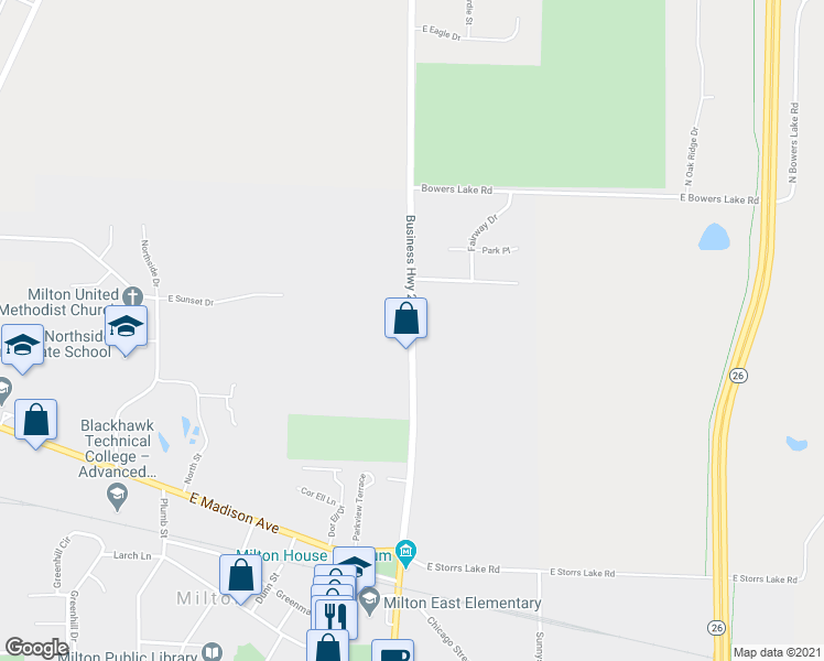 map of restaurants, bars, coffee shops, grocery stores, and more near 260 N Janesville St in Milton