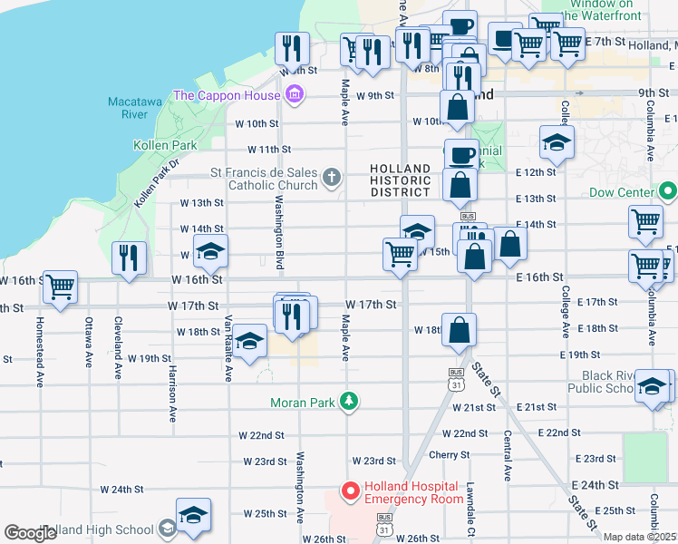 map of restaurants, bars, coffee shops, grocery stores, and more near 167 W 16th St in Holland