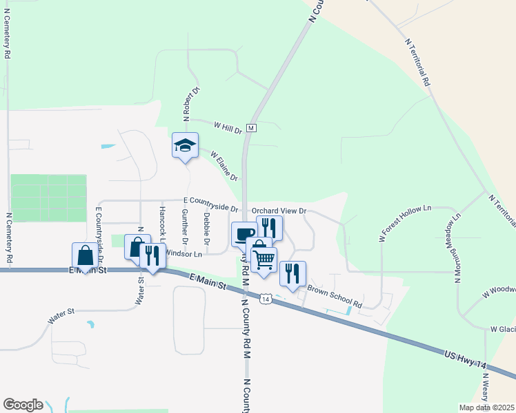 map of restaurants, bars, coffee shops, grocery stores, and more near 701 Orchard View Drive in Evansville