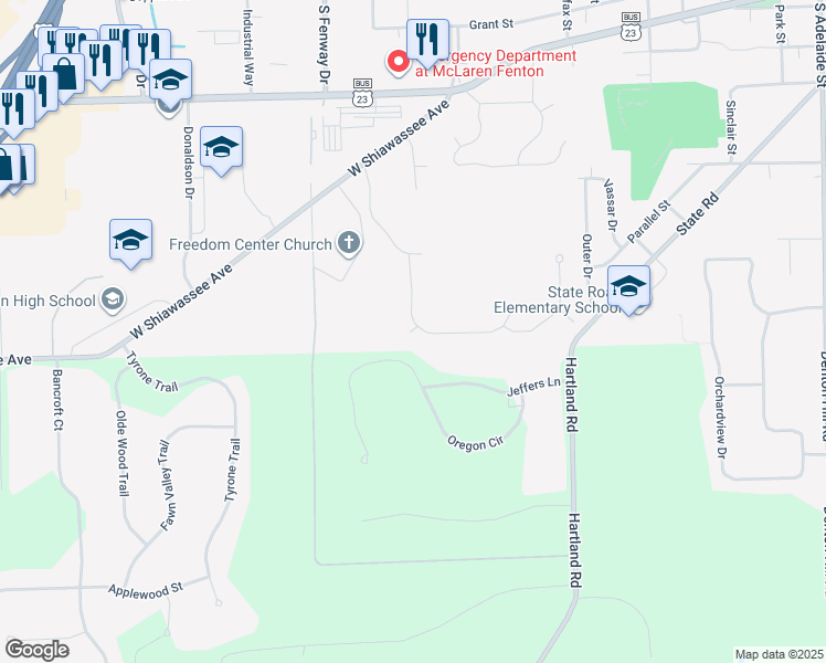 map of restaurants, bars, coffee shops, grocery stores, and more near 759 Plumtree Lane in Fenton