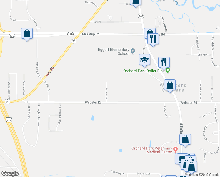 map of restaurants, bars, coffee shops, grocery stores, and more near 56 Deacon Road in Orchard Park