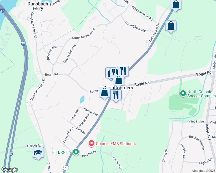 map of restaurants, bars, coffee shops, grocery stores, and more near 613 Boght Road in Cohoes