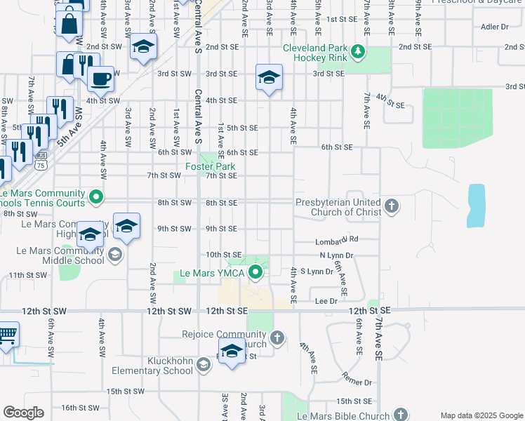 map of restaurants, bars, coffee shops, grocery stores, and more near 800-898 3rd Avenue Southeast in Le Mars