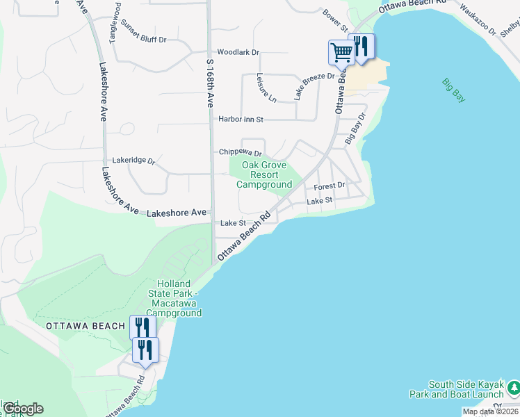 map of restaurants, bars, coffee shops, grocery stores, and more near 2029 Ottawa Beach Road in Holland