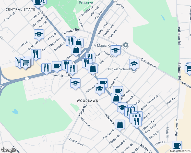 map of restaurants, bars, coffee shops, grocery stores, and more near 1729 State Street in Schenectady