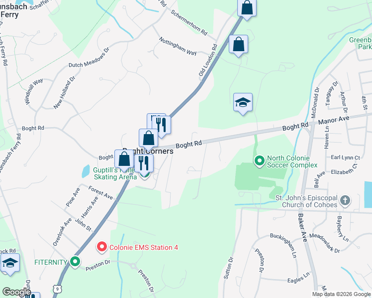 map of restaurants, bars, coffee shops, grocery stores, and more near 588 Boght Road in Cohoes