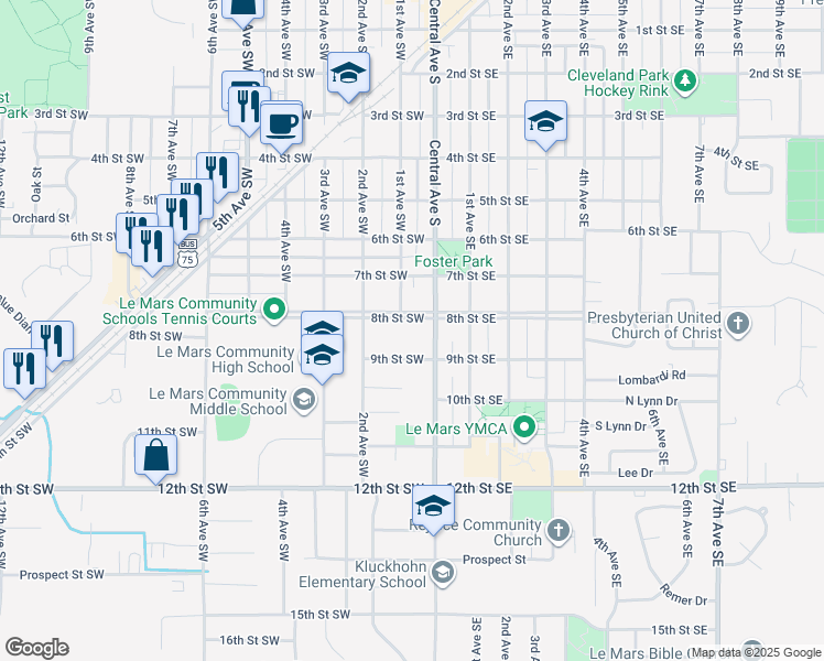 map of restaurants, bars, coffee shops, grocery stores, and more near 1-199 9th Street Southwest in Le Mars