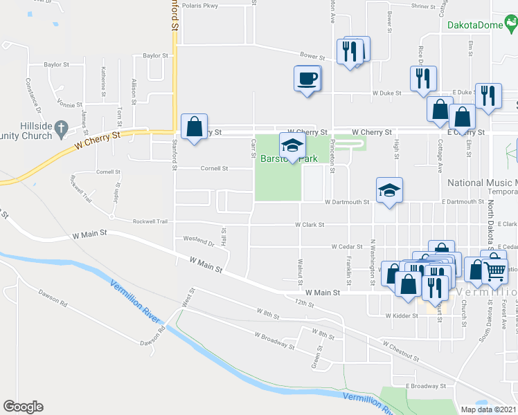 map of restaurants, bars, coffee shops, grocery stores, and more near 824 West Dartmouth Street in Vermillion