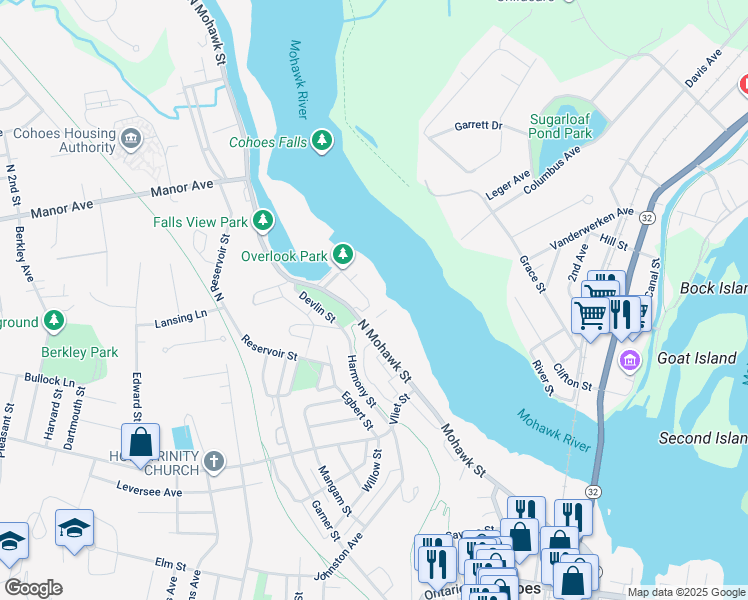 map of restaurants, bars, coffee shops, grocery stores, and more near 1 Cataract Street in Cohoes
