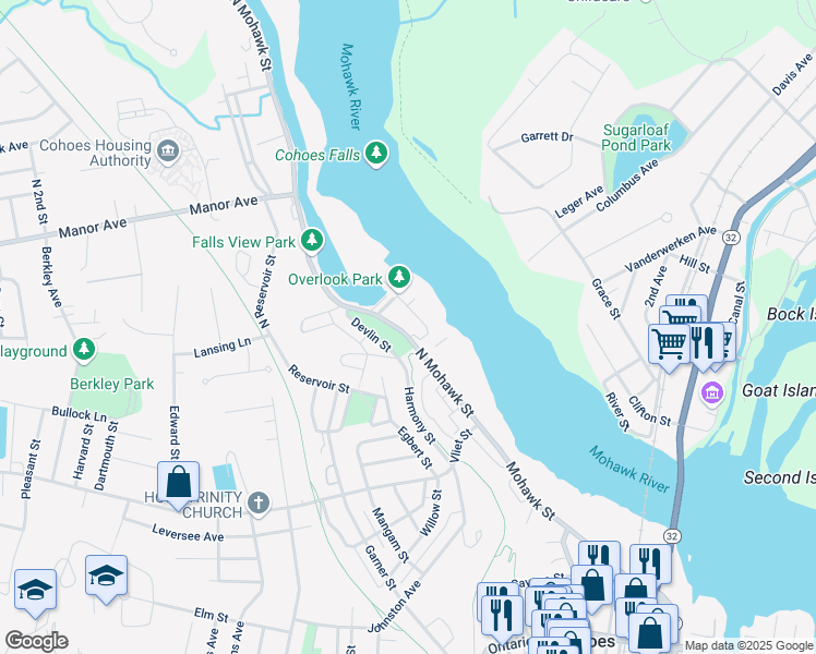 map of restaurants, bars, coffee shops, grocery stores, and more near 2 North Mohawk Street in Cohoes