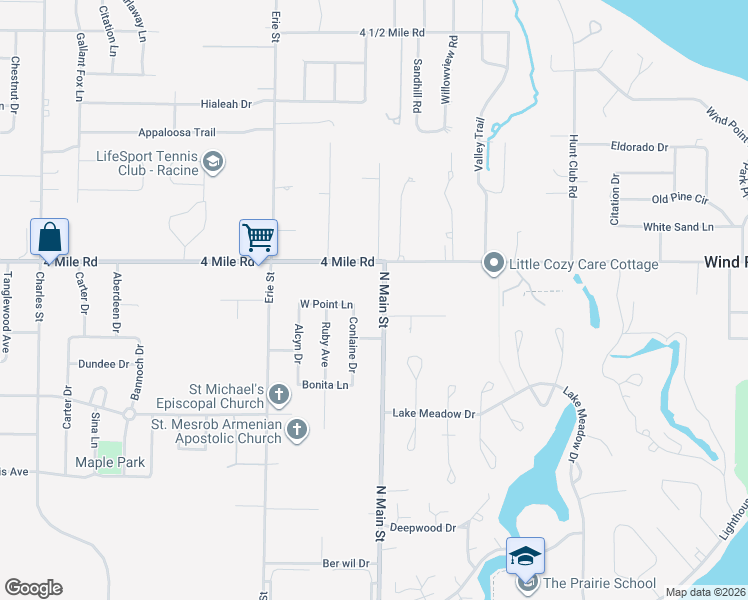 map of restaurants, bars, coffee shops, grocery stores, and more near 340 Jonsue Lane in Wind Point