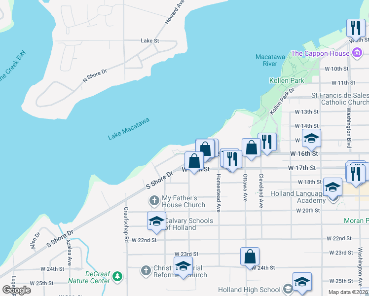 map of restaurants, bars, coffee shops, grocery stores, and more near 536 Macatawa Avenue in Holland