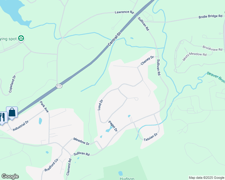 map of restaurants, bars, coffee shops, grocery stores, and more near 14 Lund Drive in Hudson