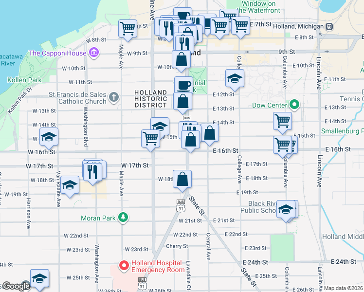 map of restaurants, bars, coffee shops, grocery stores, and more near 372 South River Avenue in Holland