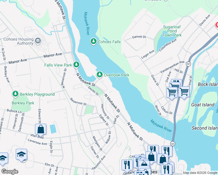 map of restaurants, bars, coffee shops, grocery stores, and more near 1 Cataract Street in Cohoes