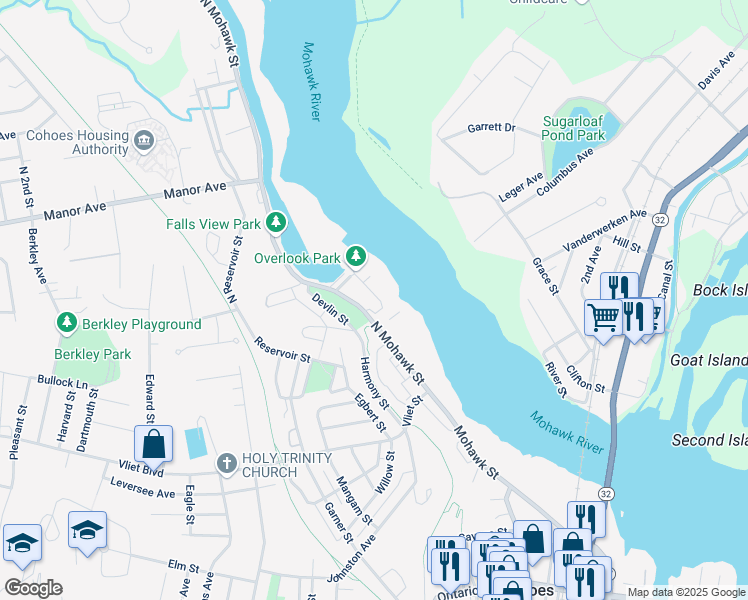 map of restaurants, bars, coffee shops, grocery stores, and more near 2 Cataract Street in Cohoes