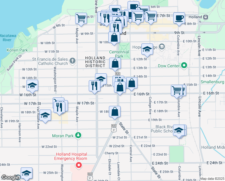 map of restaurants, bars, coffee shops, grocery stores, and more near 372 South River Avenue in Holland
