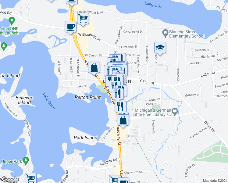 map of restaurants, bars, coffee shops, grocery stores, and more near 120 South Broadway Street in Orion charter Township