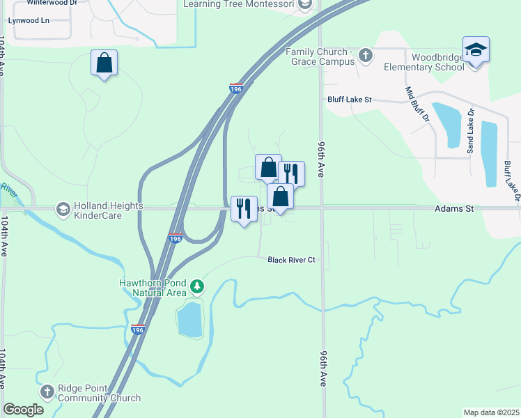 map of restaurants, bars, coffee shops, grocery stores, and more near 1016 Black River Dr in Holland