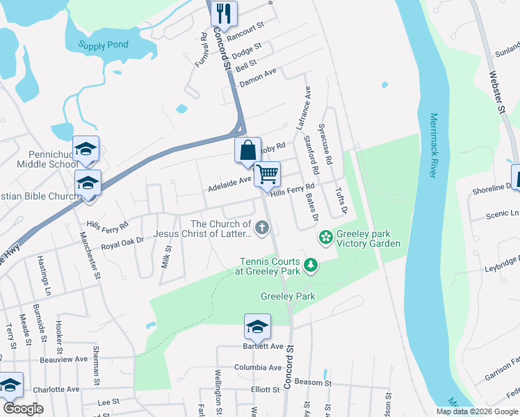 map of restaurants, bars, coffee shops, grocery stores, and more near 2 Smithfield Terrace in Nashua