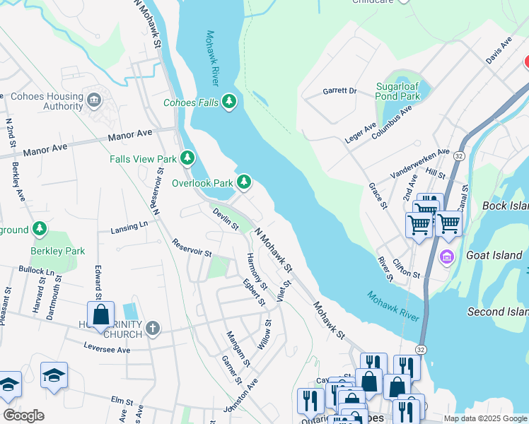 map of restaurants, bars, coffee shops, grocery stores, and more near 1 Cataract Street in Cohoes