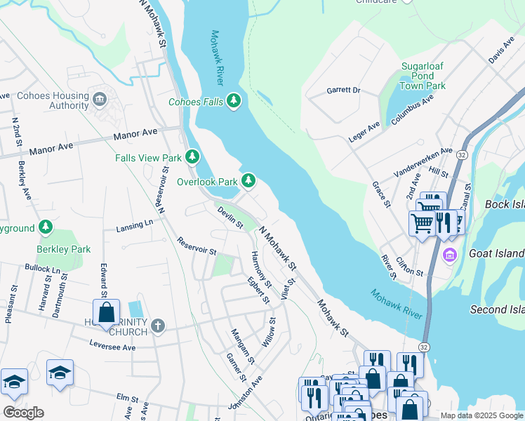 map of restaurants, bars, coffee shops, grocery stores, and more near 2 North Mohawk Street in Cohoes