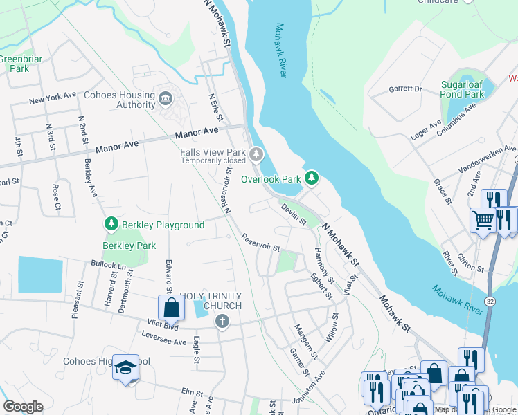 map of restaurants, bars, coffee shops, grocery stores, and more near 18 Orchard Street in Cohoes