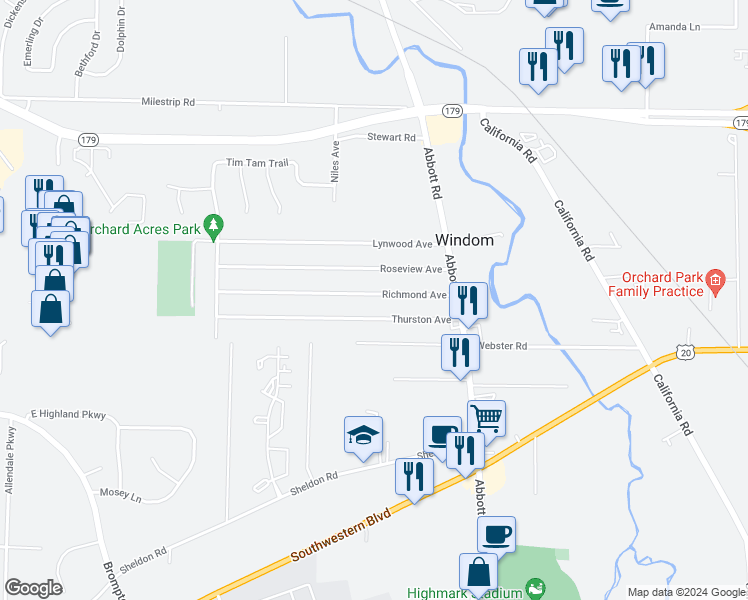 map of restaurants, bars, coffee shops, grocery stores, and more near 5108 Thurston Avenue in Buffalo