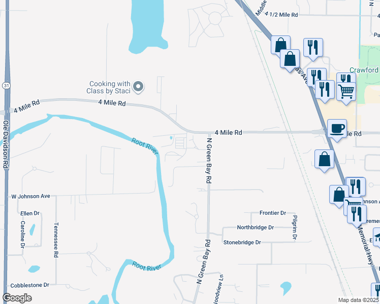 map of restaurants, bars, coffee shops, grocery stores, and more near 3321 Packer Drive in Racine