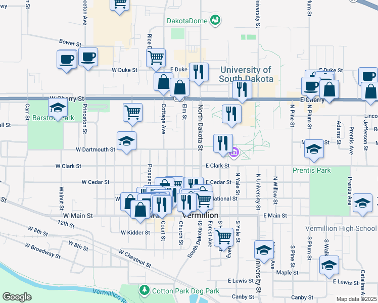 map of restaurants, bars, coffee shops, grocery stores, and more near 311 Elm Street in Vermillion