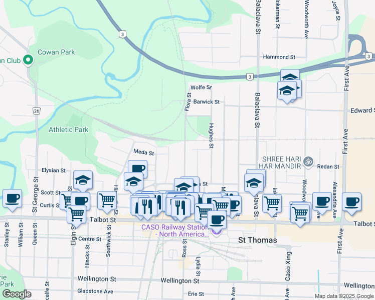 map of restaurants, bars, coffee shops, grocery stores, and more near 95 Flora Street in St. Thomas