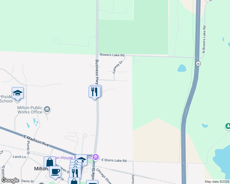 map of restaurants, bars, coffee shops, grocery stores, and more near 260 North Janesville Street in Milton