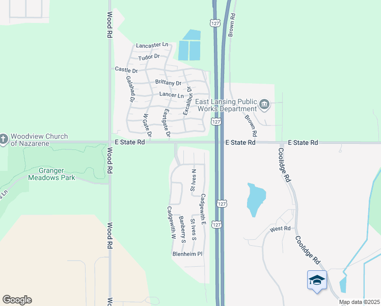 map of restaurants, bars, coffee shops, grocery stores, and more near 100 Saint Ives North in Lansing